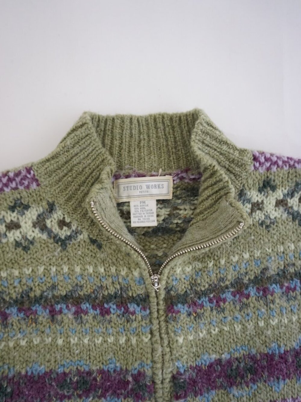 Vintage Studio Works Green Fair Isle Knit Zip Cardigan Nordic Pattern Petite PM - Picture 9 of 10